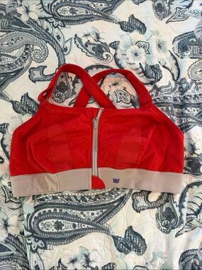 SHEFIT Red Front-Zip High-Support Sports Bra with Tan Band 3Luxe